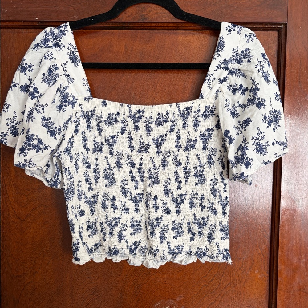 Japna Blue and White Floral Smocked Puff Sleeve Top